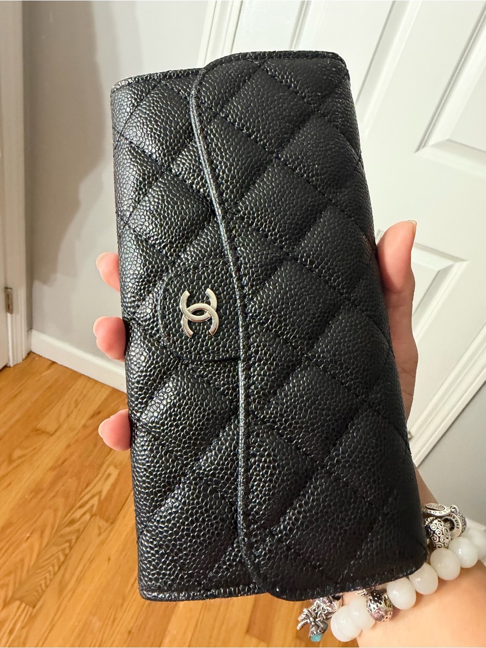 Black Quilted Caviar Leather Wallet with  Silver CC Turn-Lock